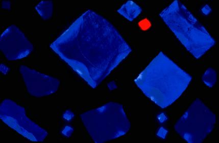 Detail: window section, Undulating wall of 
blue dalle de verre glass, Hall of Science, Flushing, New York, 1964, by 
Willet Studios