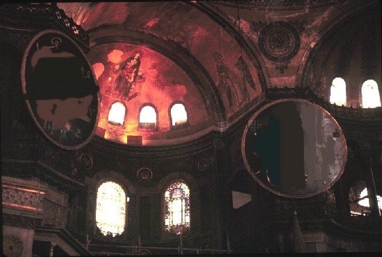 Haghia Sophia, Imperial Palace Chapel, Byzantium, 6th century, apse in coloured light, from http://www.geocities.com/Athens/Oracle/7823/